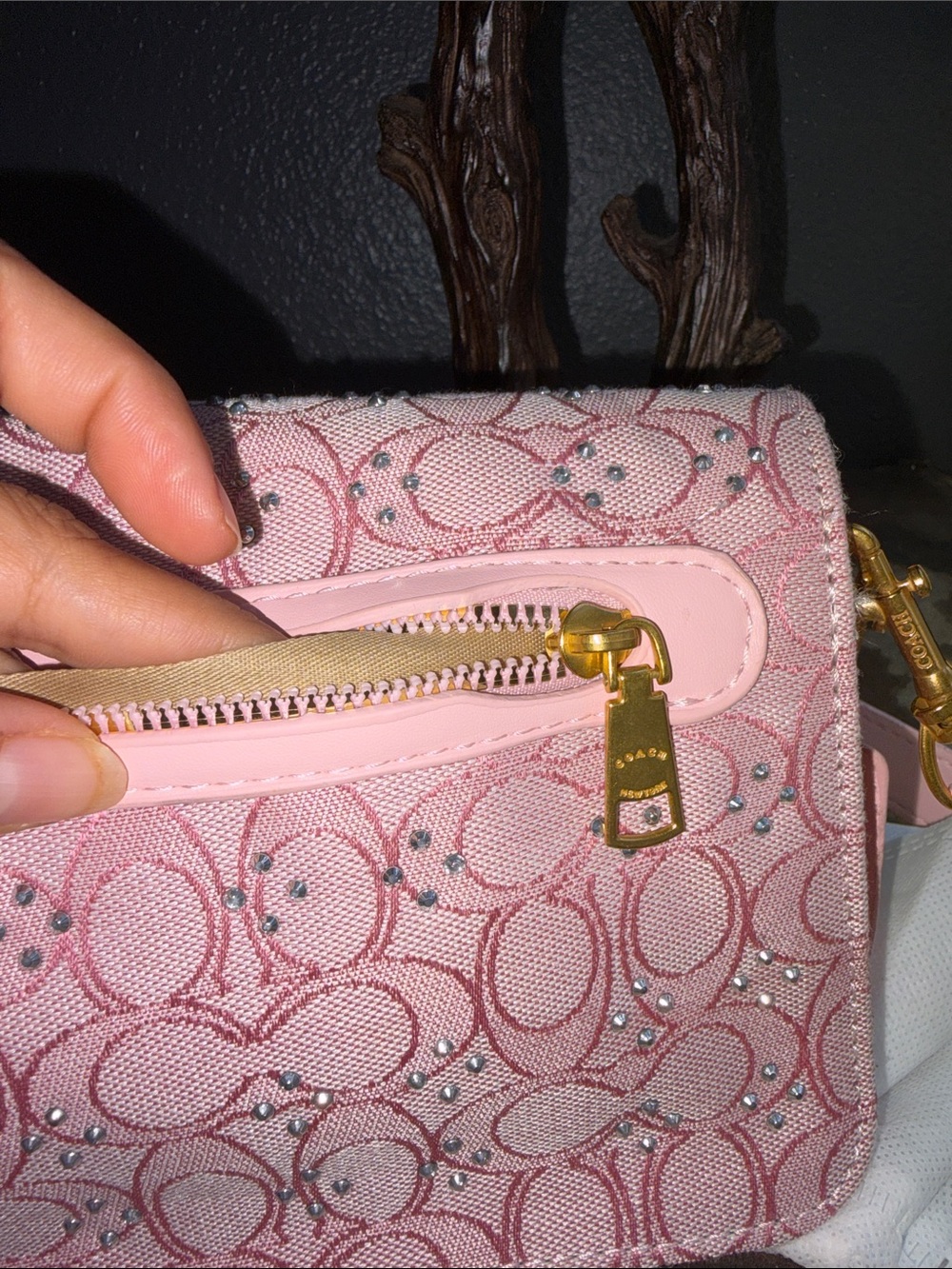 Coach Pink Signature Crystal-Accented Crossbody Bag with Gold C - Picture 4 of 4